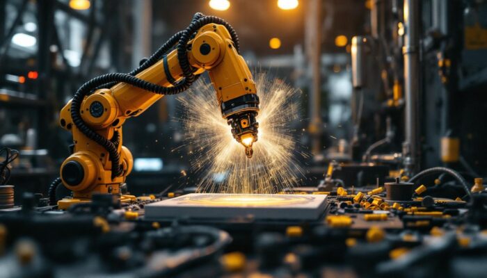 A photograph of a dynamic scene where an industrial robotic arm is intricately engaged in the process of creating or manipulating a piece of art