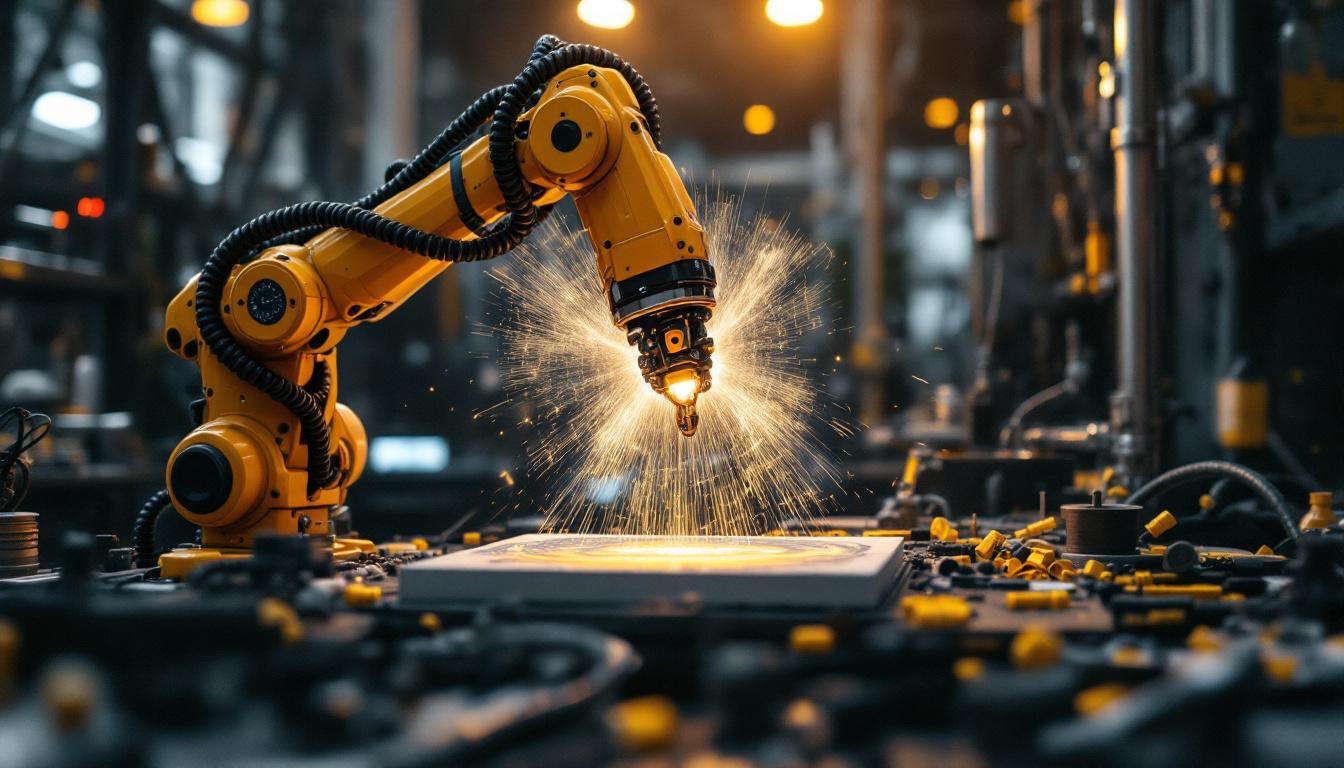 A photograph of a dynamic scene where an industrial robotic arm is intricately engaged in the process of creating or manipulating a piece of art