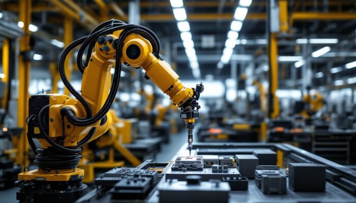 A photograph of a sleek industrial robotic arm in action