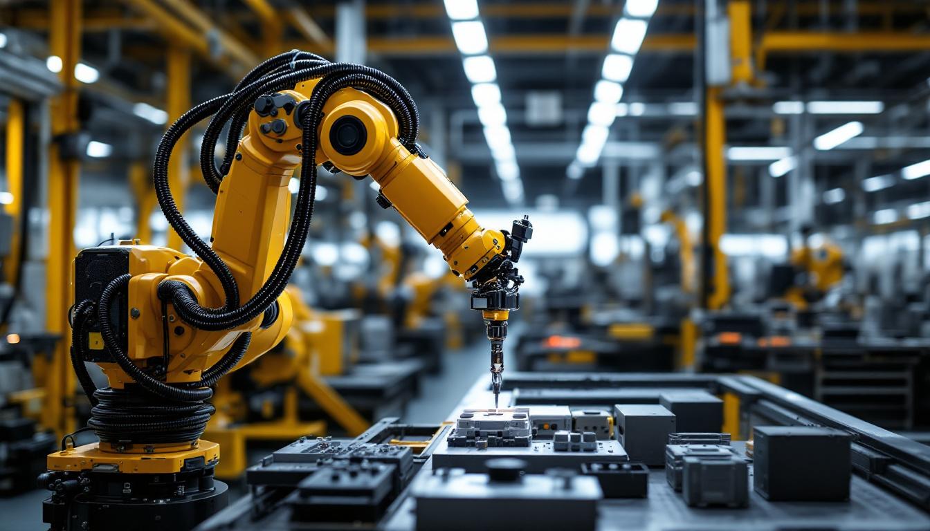A photograph of a sleek industrial robotic arm in action