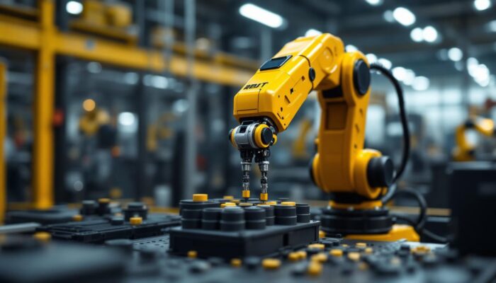 A photograph of a sleek industrial robotic arm in action within a modern manufacturing environment