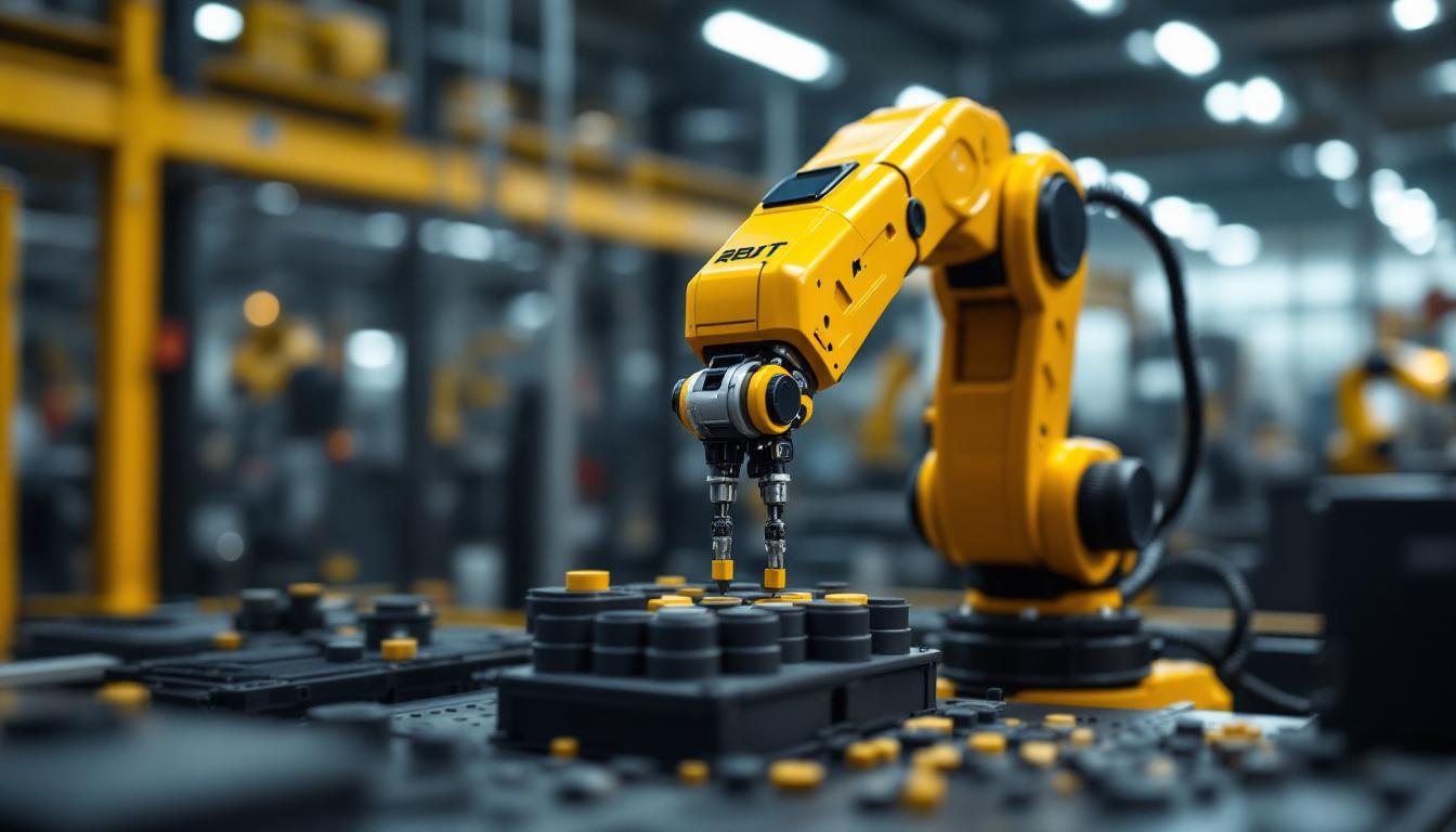 A photograph of a sleek industrial robotic arm in action within a modern manufacturing environment