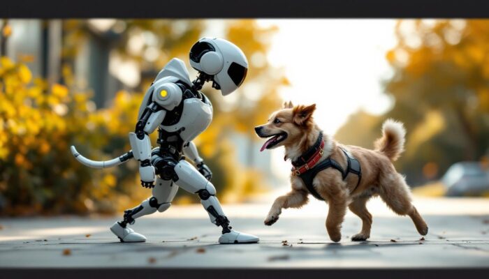 A photograph of a playful dog walking alongside a sleek industrial robot in an outdoor setting