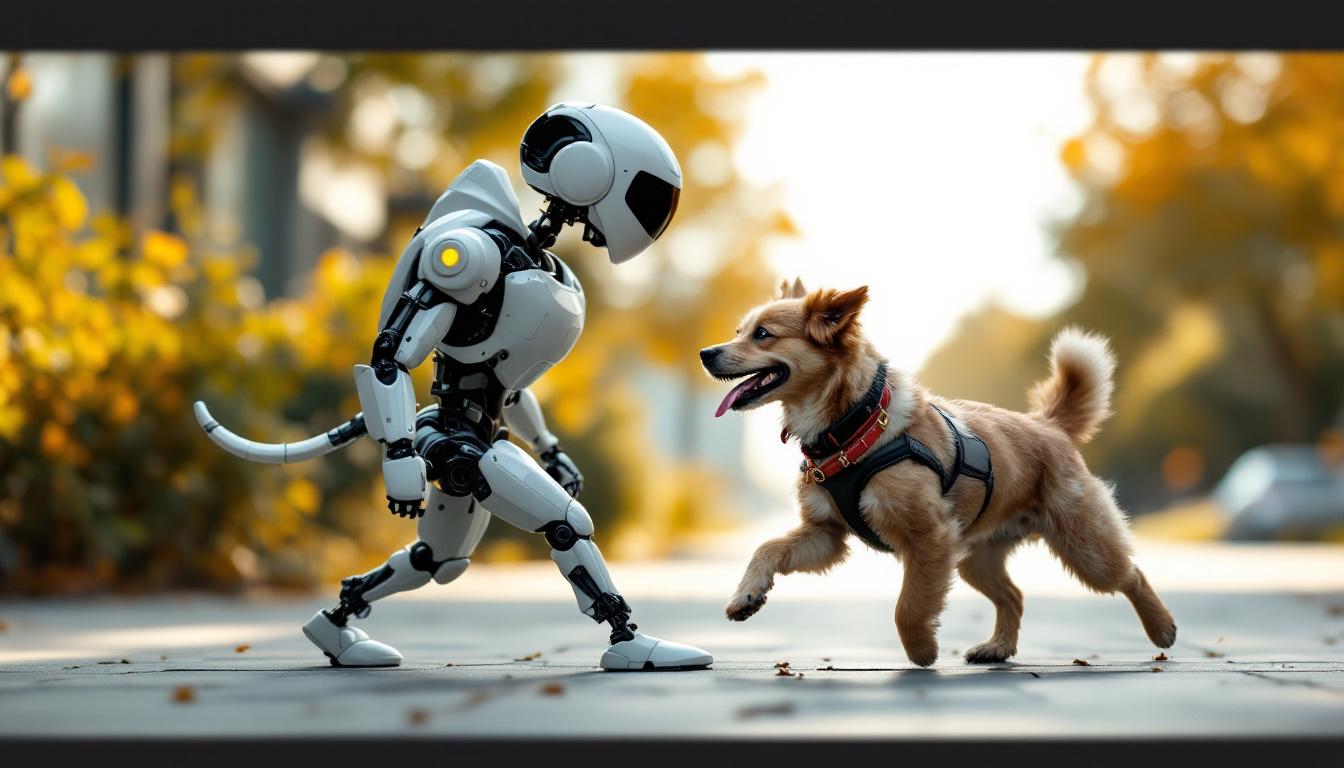 A photograph of a playful dog walking alongside a sleek industrial robot in an outdoor setting