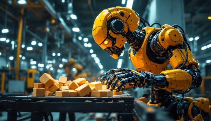 A photograph of a powerful industrial robot in action