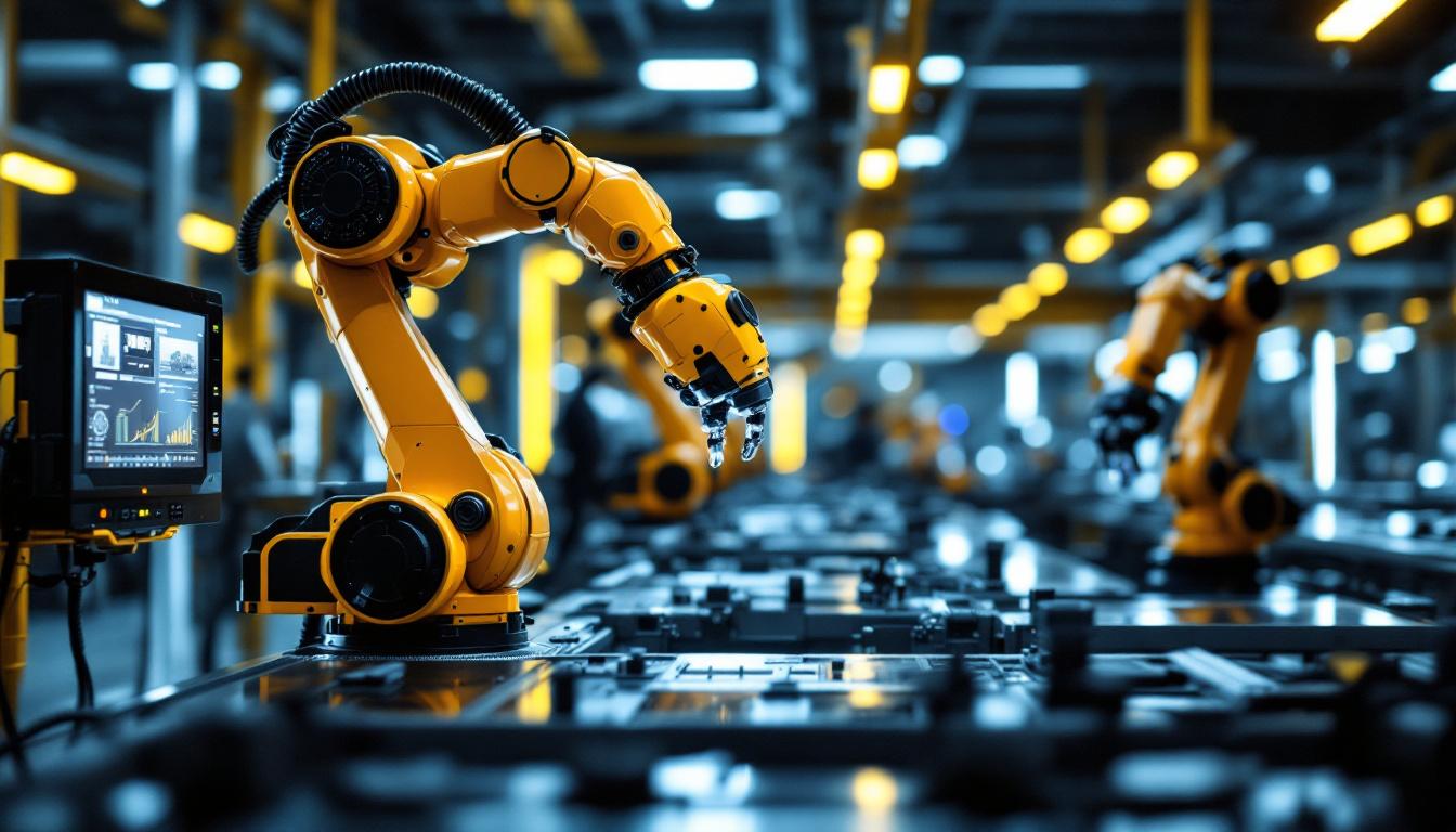 A photograph of a sleek industrial robotic arm in action within a high-tech manufacturing environment