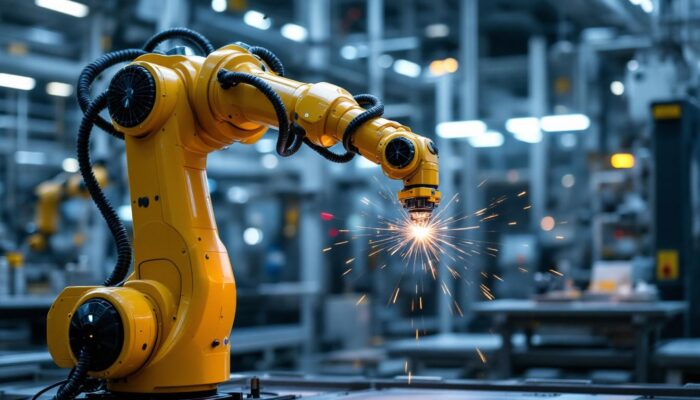 A photograph of a dynamic industrial robotic arm in action at a boston scientific facility