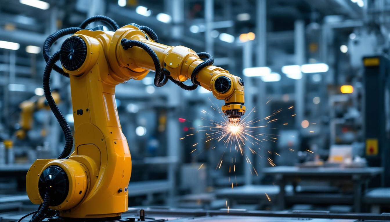 A photograph of a dynamic industrial robotic arm in action at a boston scientific facility