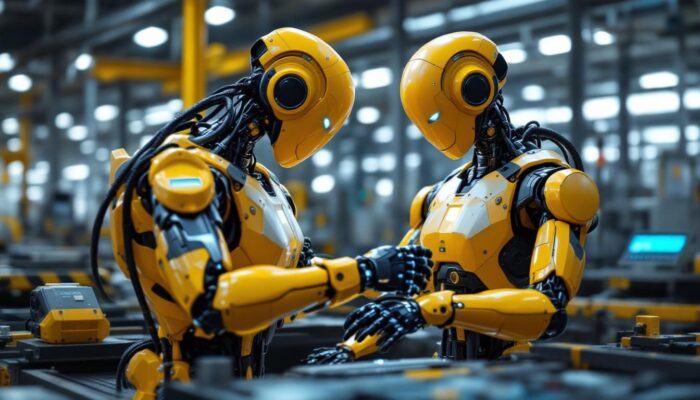 A photograph of a sleek industrial robot in action within a modern manufacturing environment