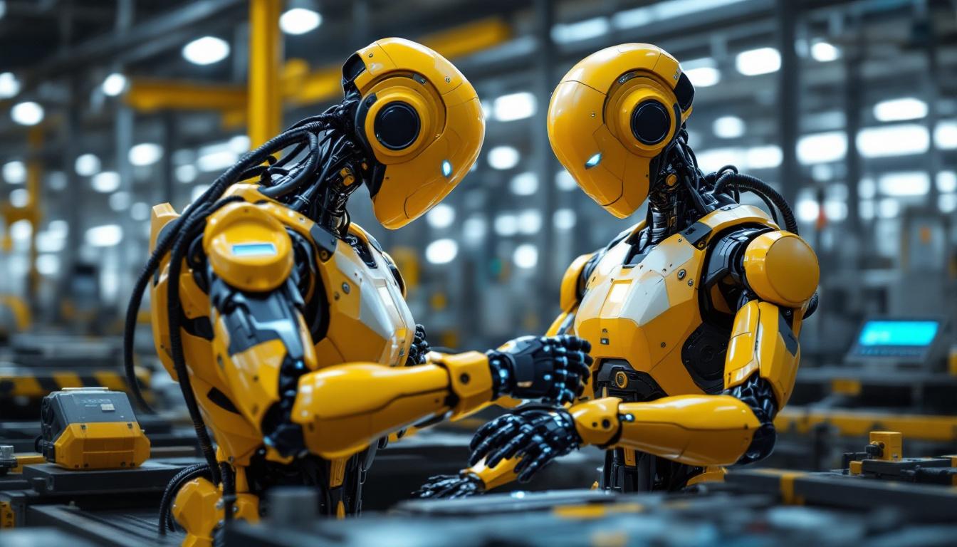 A photograph of a sleek industrial robot in action within a modern manufacturing environment