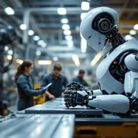 A photograph of a sleek industrial robot in action within a modern manufacturing facility