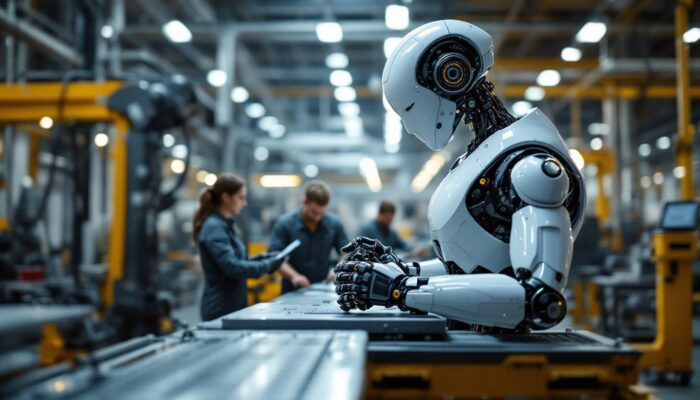 A photograph of a sleek industrial robot in action within a modern manufacturing facility