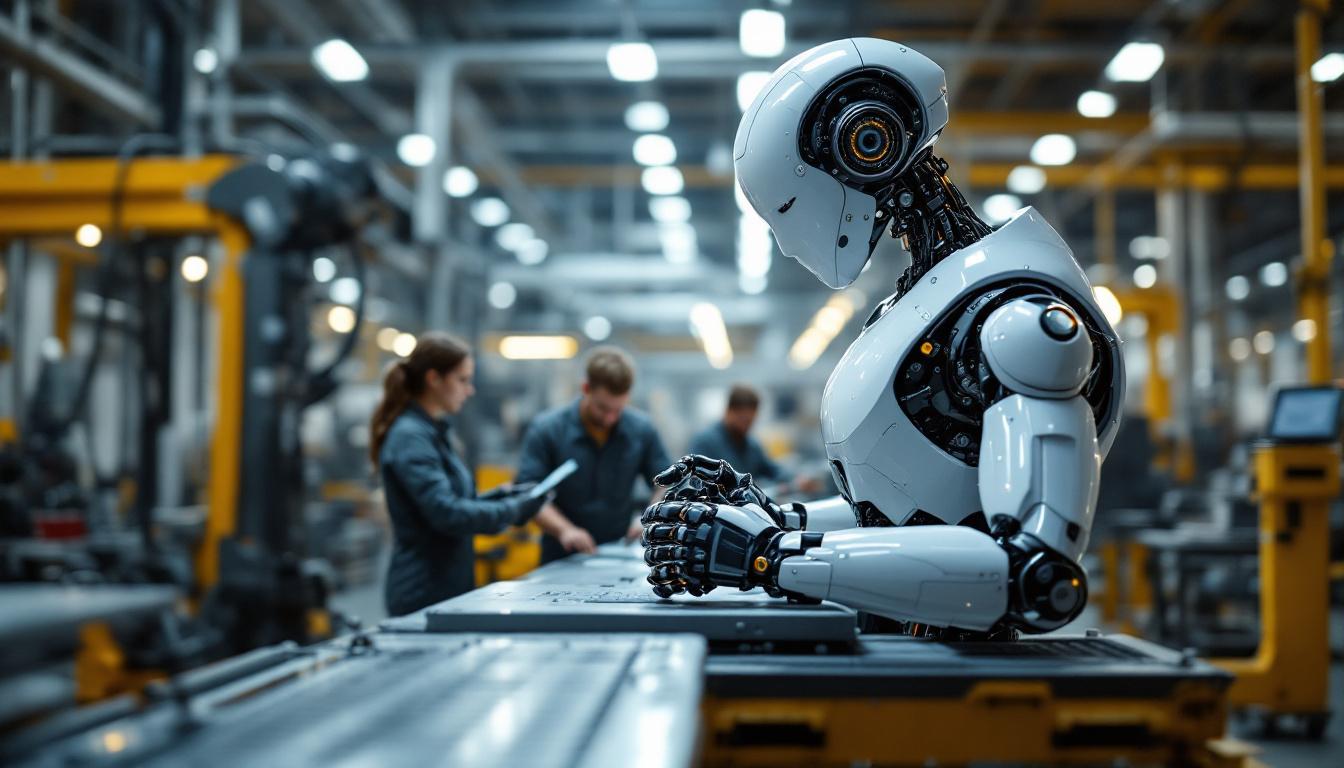 A photograph of a sleek industrial robot in action within a modern manufacturing facility
