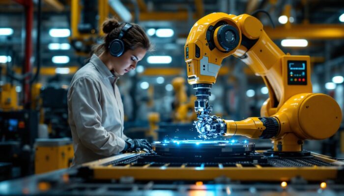 A photograph of a modern industrial robot in action