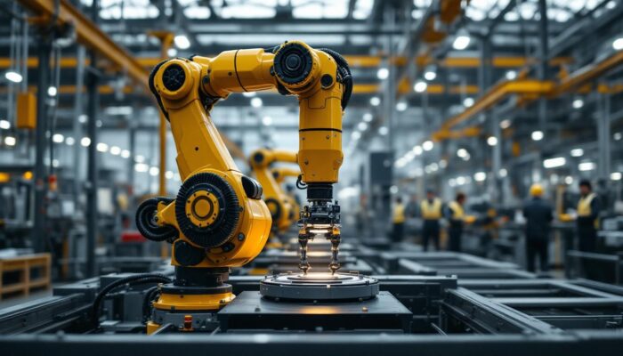 A photograph of a modern industrial setting showcasing a robotic arm in action