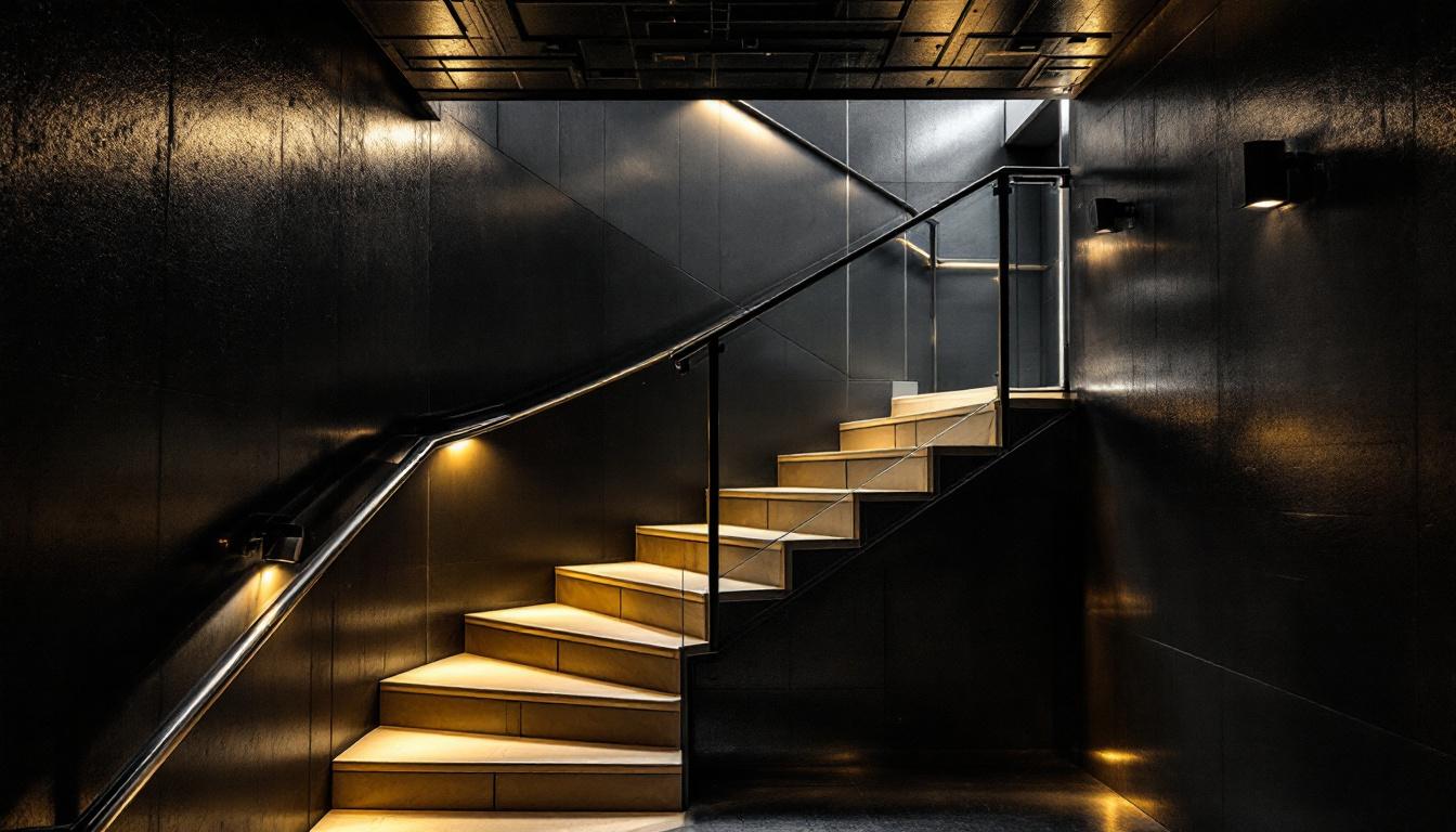 A photograph of a well-lit staircase and landing area featuring modern industrial-style lighting fixtures