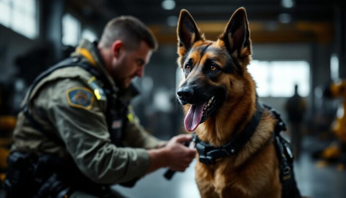 A photograph of a police dog in action alongside its handler in a training environment