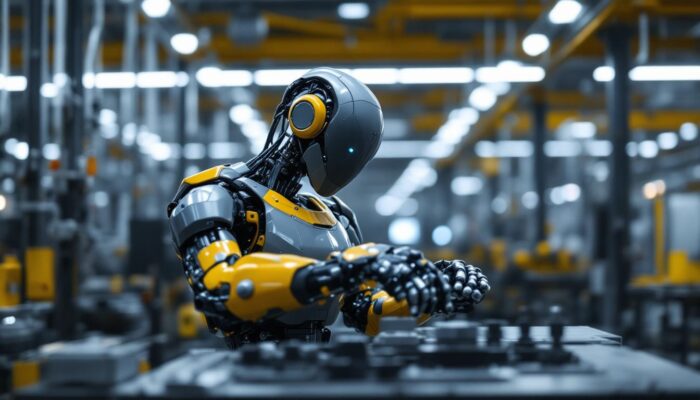 A photograph of a sleek industrial robot in action within a manufacturing setting