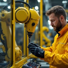 A photograph of a skilled technician programming an industrial robot in a modern manufacturing facility