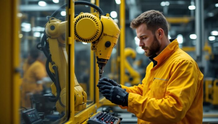 A photograph of a skilled technician programming an industrial robot in a modern manufacturing facility
