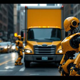 A photograph of a busy boston street scene featuring a moving truck alongside industrial robots in action
