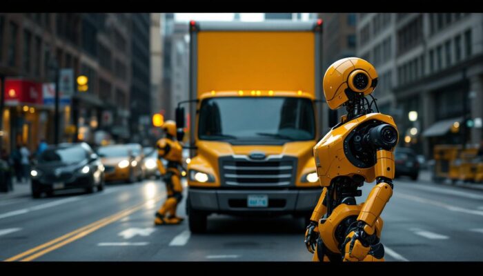A photograph of a busy boston street scene featuring a moving truck alongside industrial robots in action