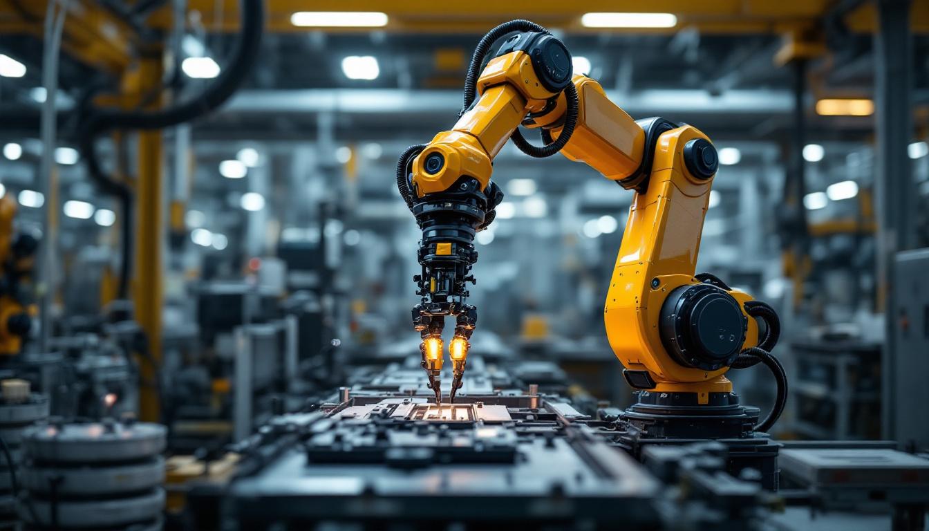 A photograph of a sleek industrial robotic arm in action