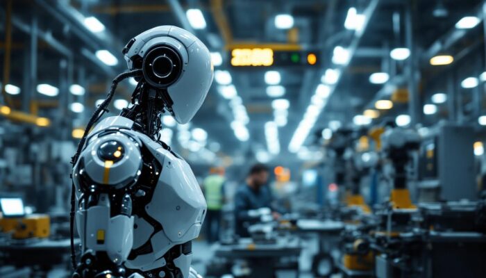 A photograph of a sleek industrial robot in action within a modern manufacturing facility