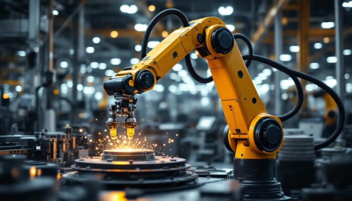 A photograph of a sleek industrial robotic arm in action