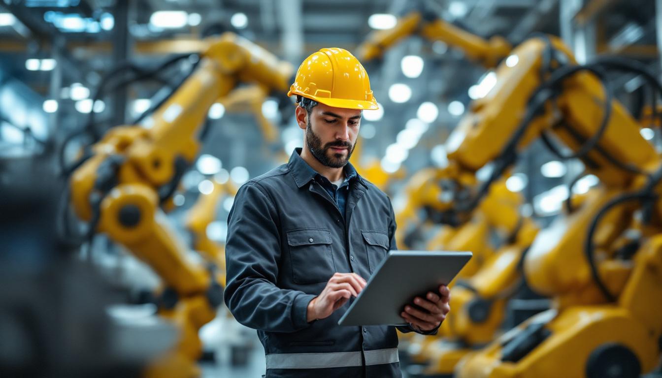 A photograph of a skilled principal network engineer working alongside industrial robots in a high-tech environment