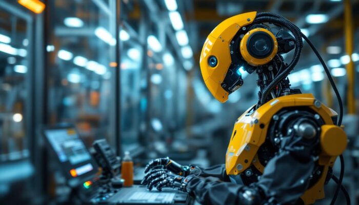 A photograph of a skilled technician programming or operating an industrial robot in a modern manufacturing environment