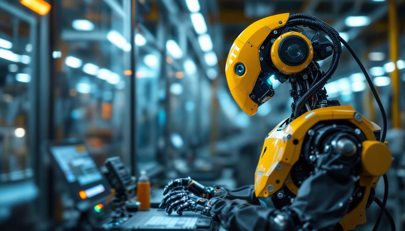 A photograph of a skilled technician programming or operating an industrial robot in a modern manufacturing environment