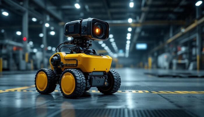 A photograph of a robotic camera on wheels in an industrial setting