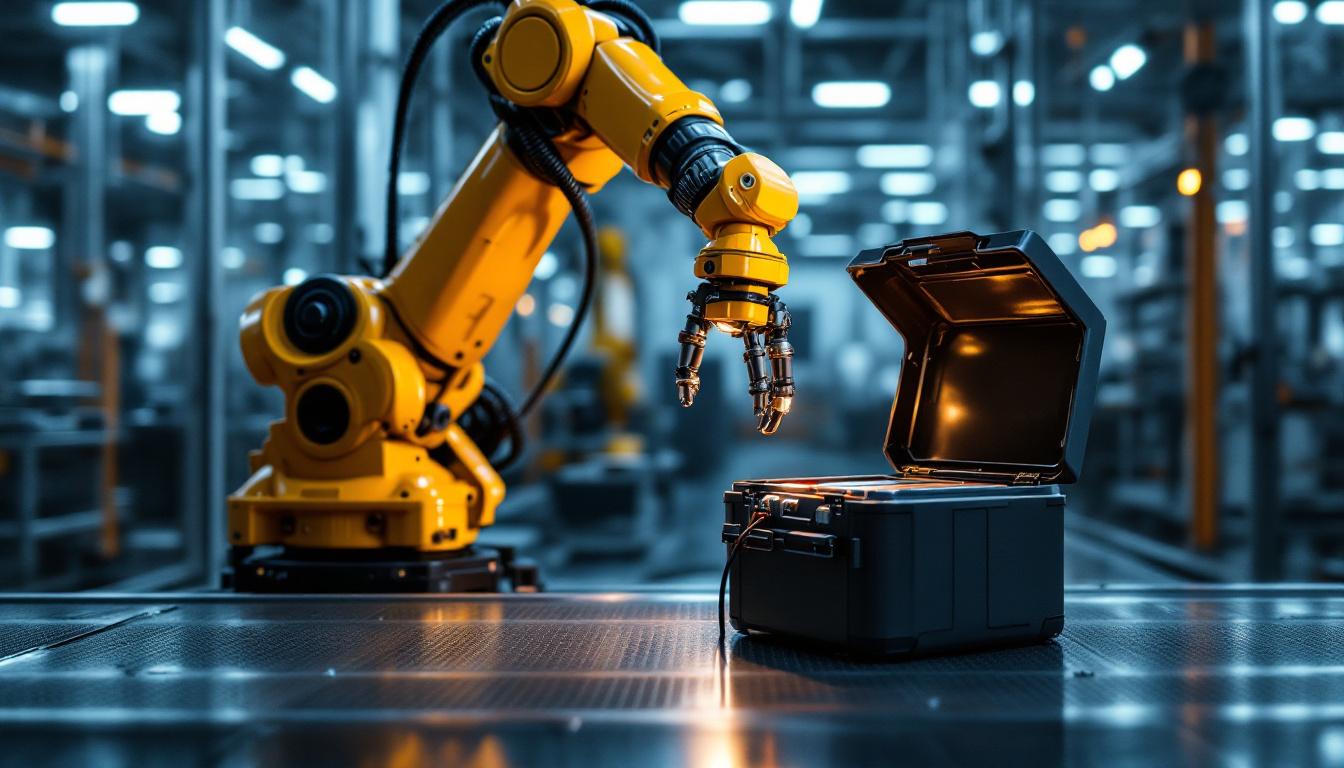 A photograph of capture a photograph of an industrial robotic arm in action