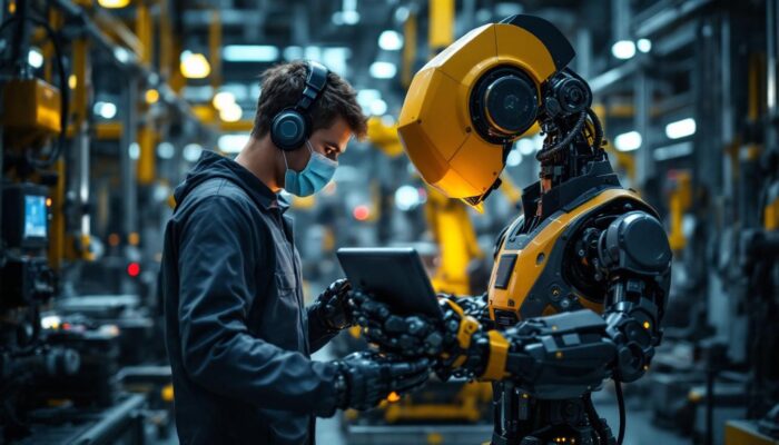 A photograph of a skilled technician working alongside an industrial robot in a dynamic manufacturing environment