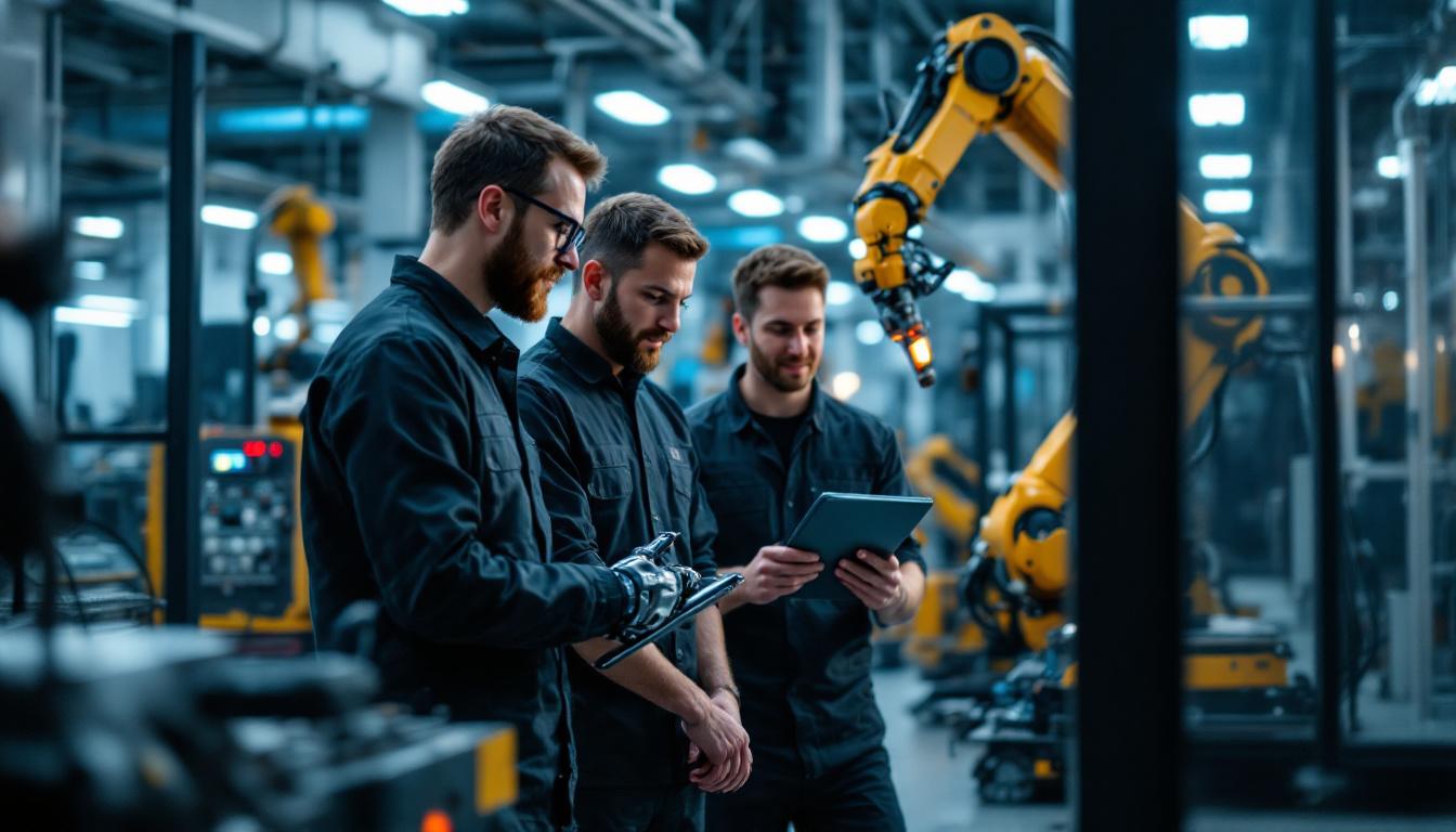 A photograph of a dynamic industrial workspace showcasing a team of engineers collaborating with advanced robotic machinery