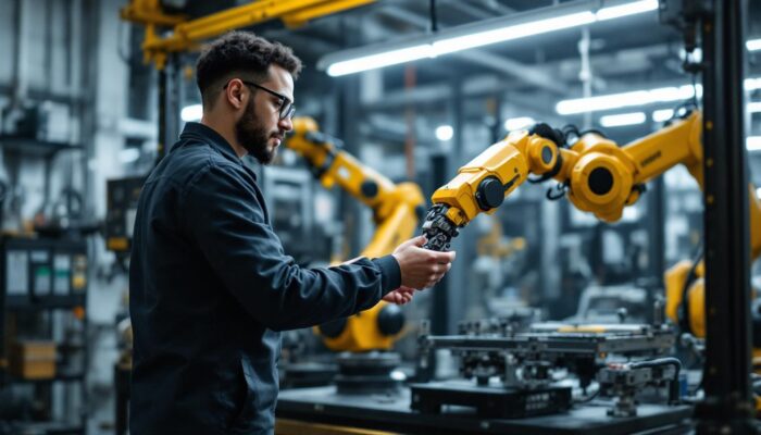 A photograph of a dynamic industrial robotics workspace in new york