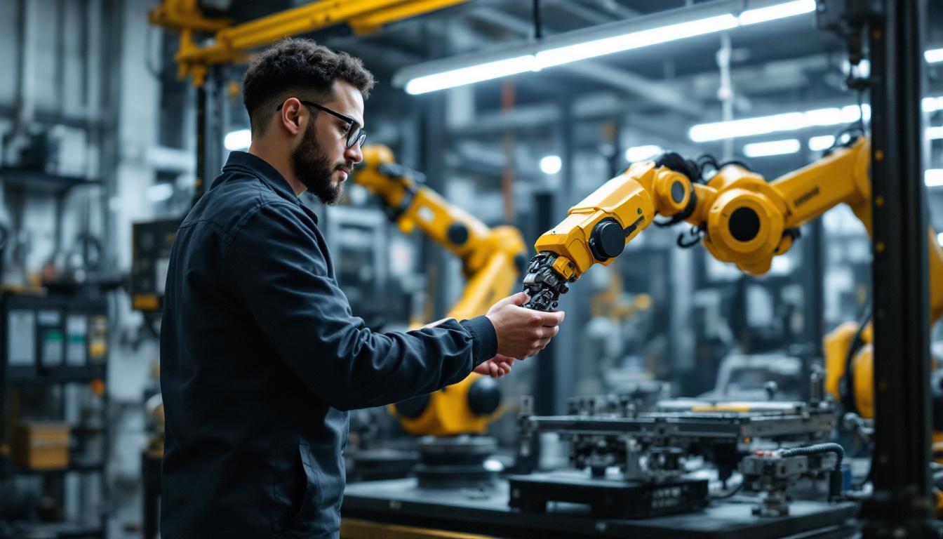 A photograph of a dynamic industrial robotics workspace in new york