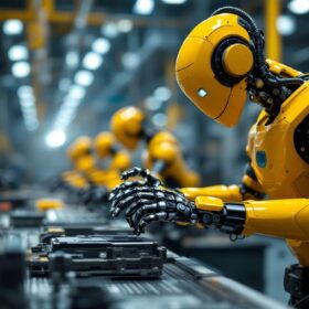 A photograph of a modern industrial robot in action on a factory floor