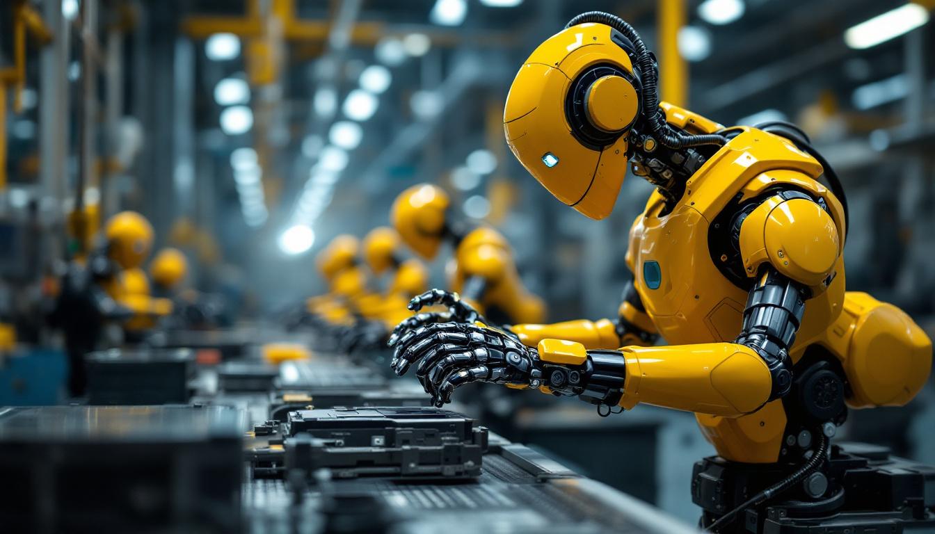 A photograph of a modern industrial robot in action on a factory floor