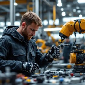 A photograph of a skilled mechanical design engineer working collaboratively with industrial robots in a modern manufacturing environment