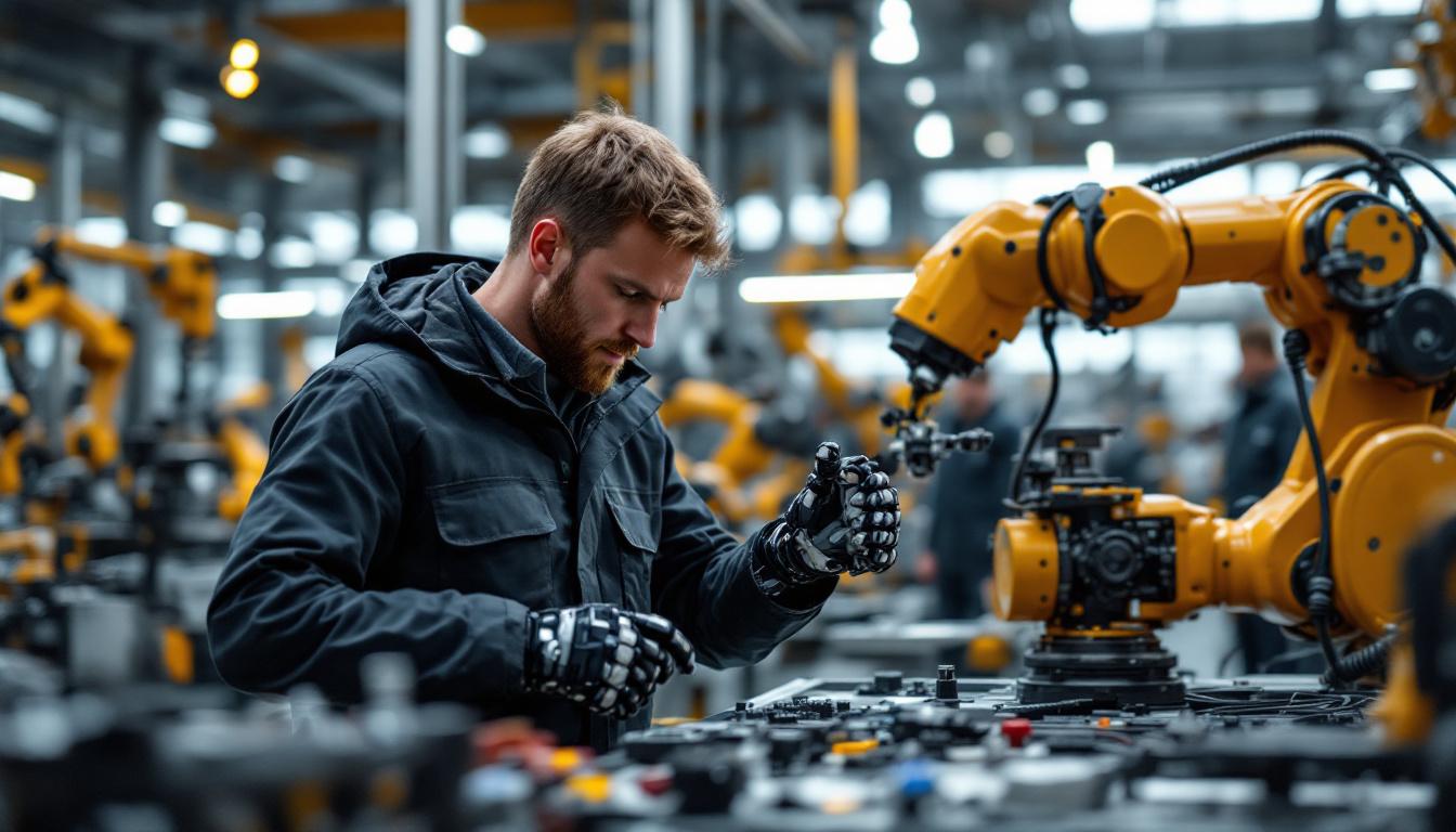 A photograph of a skilled mechanical design engineer working collaboratively with industrial robots in a modern manufacturing environment