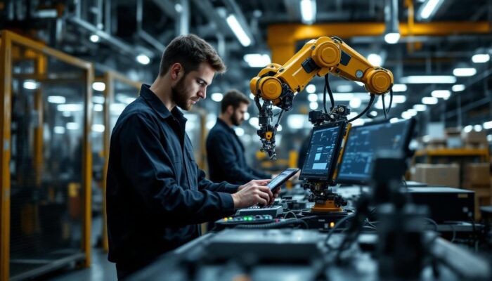 A photograph of a skilled technician programming or operating an industrial robot in a modern manufacturing environment