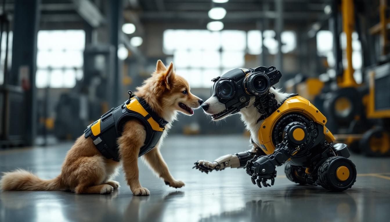 A photograph of a playful dog interacting with a robotic device in an industrial setting