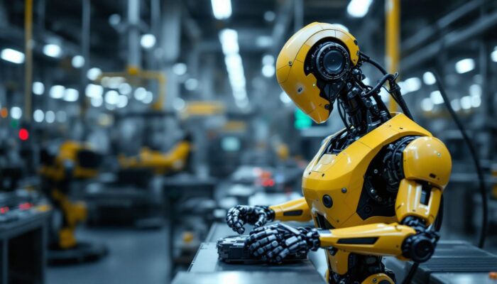 A photograph of a sleek industrial robot in action within a manufacturing environment
