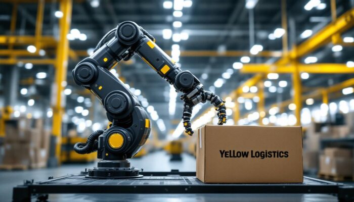 A photograph of a sleek industrial robotic arm in action within a modern logistics warehouse