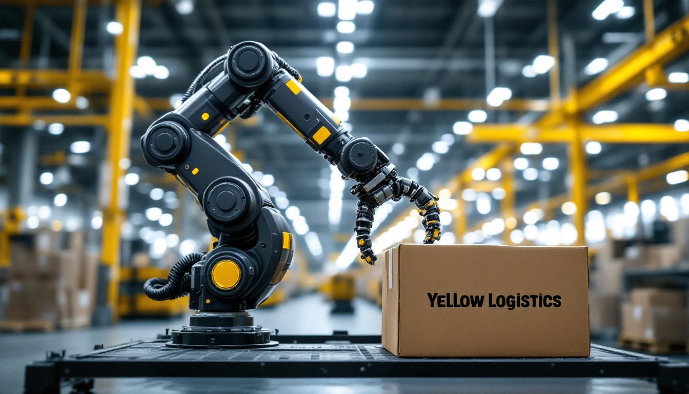 A photograph of a sleek industrial robotic arm in action within a modern logistics warehouse