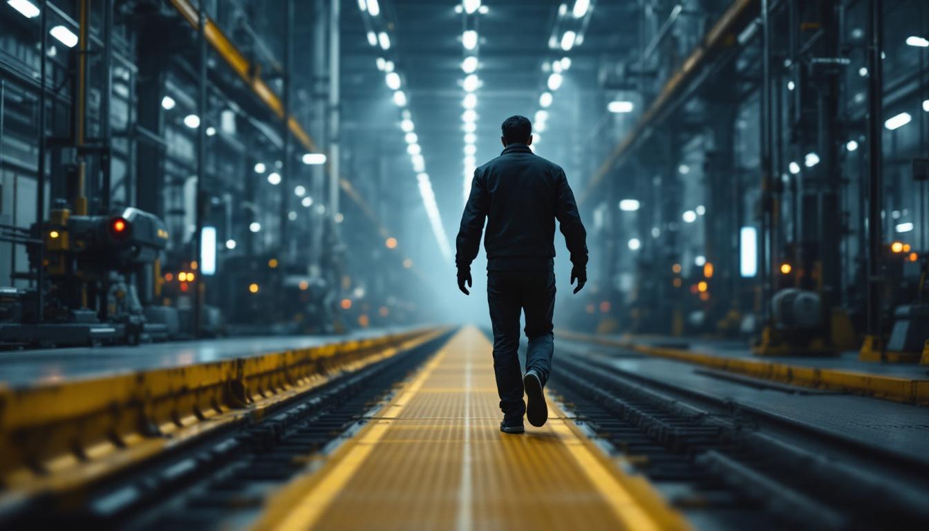 A photograph of a human figure walking along a path in an industrial setting