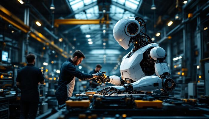 A photograph of a sleek industrial robot in action within a manufacturing environment