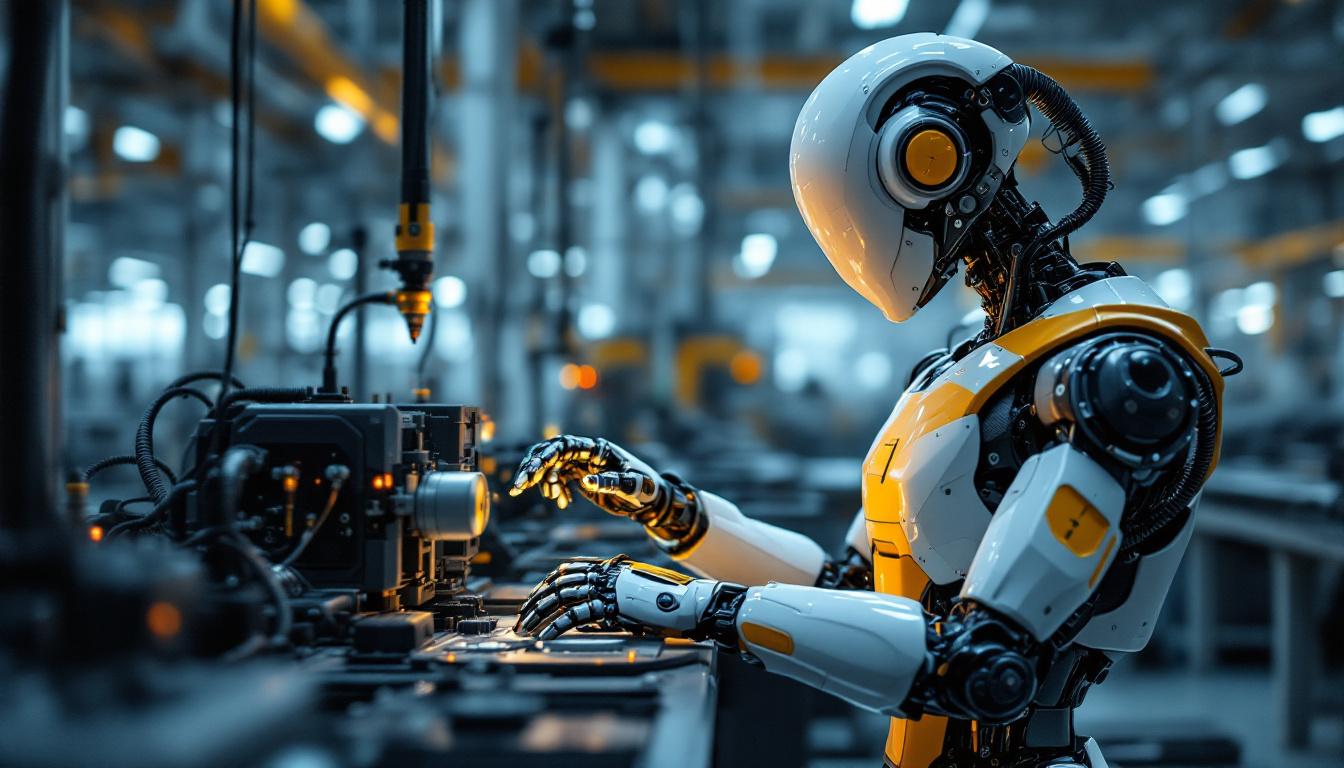 A photograph of a sleek industrial robot in action within a factory setting